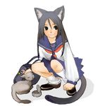  animal_ears cat cat_ears cat_tail copyright_request grey_hair long_hair necktie neoko school_uniform skirt smile solo tail 
