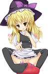  black_legwear blonde_hair brown_eyes footjob fujieda_uzuki hat highres kirisame_marisa pussy solo thighhighs touhou uncensored 