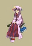  absurdres book crescent expressionless full_body hands_on_lap hat highres long_hair patchouli_knowledge purple_eyes purple_hair shibasaki_shouji sitting solo touhou 