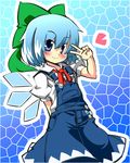  1girl cirno heart isoroku_(gojuuroku) overalls smile solo suspenders touhou v 