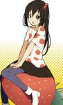  bad_id bad_pixiv_id black_hair blue_legwear brown_eyes casual food fruit k-on! listen!! long_hair misaka_(missa) nakano_azusa oversized_object pantyhose polka_dot side_ponytail solo strawberry 