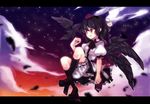  amo bird bird_on_hand black_hair black_legwear bloomers cloud crow dress_shirt feathers flying geta hat kneehighs letterboxed looking_away night night_sky notebook shameimaru_aya shirt shoes short_hair short_sleeves sky smile solo sunset tengu-geta tokin_hat touhou twilight underwear wings 