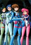  80s black_hair blue_hair brown_eyes brown_hair bubblegum_crisis closed_eyes cyberpunk formal green_eyes grin hardsuit headband helmet linna_yamazaki long_hair multiple_girls nene_romanova official_art oldschool pink_hair power_armor priscilla_asagiri science_fiction short_hair smile sonoda_ken'ichi standing suit sylia_stingray 