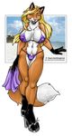  beach big_breasts bikini blonde_hair breasts camel_toe canine chaotikat eyes_closed female fox hair happy high_heels pubic_tuft sandals seaside skimpy solo swimsuit tail vixen 