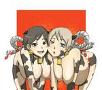  2girls all_fours artist_request bell cow cow_bell cow_print cowbell horns milk multiple_girls pregnant source_request 