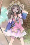  atelier_(series) atelier_totori bad_id bad_pixiv_id blue_sleeves detached_sleeves dress grey_hair hat long_hair purple_eyes smile solo sottan staff totooria_helmold 