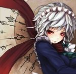  bow braid face grey_hair hair_bow izayoi_sakuya maid maid_headdress red_eyes scarf short_hair silver_hair smile solo touhou twin_braids yoss_3 