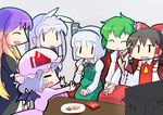  animal_ears bow bunny_ears chibi couch detached_sleeves dress ebizome fang food gradient_hair hair_bow hair_tubes hakurei_reimu hands_clasped hijiri_byakuren kazami_yuuka konpaku_youmu long_skirt multicolored_hair multiple_girls open_mouth own_hands_together pocky reisen_udongein_inaba remilia_scarlet sideways_mouth sitting skirt skirt_set smile teardrop television touhou vest watching_television |_| 