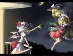  bat_wings blonde_hair blue_hair braid broom crescent_moon fangs flandre_scarlet flying hat hug kirisame_marisa moon multiple_girls pointing red_eyes remilia_scarlet short_hair sky star_(sky) starry_moon starry_sky taker_(flamestorm) touhou wings witch_hat 