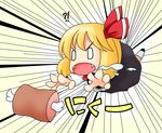  0_0 1girl ascot blonde_hair boned_meat chibi drooling fangs food meat musashino_udon open_mouth reaching rumia saliva short_hair simple_background solo speed_lines touhou 