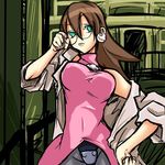  brown_hair capcom earrings glasses green_eyes jewelry megaman_legends panties rockman rockman_dash the_misadventures_of_tron_bonne tron_bonne tron_ni_kobun underwear 