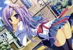  blush panties prism_rhythm purple_eyes purple_hair seifuku sesena_yau thighhighs tokitou_kasumi underwear 