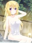  bad_id bad_pixiv_id blonde_hair breasts charlotte_dunois covering highres infinite_stratos long_hair medium_breasts nude nude_cover purple_eyes senoo_aoi solo towel 