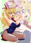  animal_ears blonde_hair blue_eyes breasts bunny_ears bunnysuit character_request cleavage collar detached_collar female fishnets full_body hair_ribbon high_heels large_breasts long_hair necktie noriten open_mouth original pantyhose ponytail ribbon smile solo wrist_cuffs 