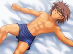  1boy abs bed_sheet bedsheets brown_hair lying male male_focus muscle navel nipples on_back outstretched_arms set shorts sleeping solo spread_arms spread_legs thisarmor topless underwear yaoi 