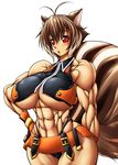 abs animal_ears antenna_hair arc_system_works big_breasts blazblue blazblue:_continuum_shift blush breasts brown_hair extreme_muscles female fingerless_gloves gloves huge_breasts makoto_nanaya muscle muscular_female purukogi purukogi_(plasma_beach) red_eyes simple_background solo squirrel_ears squirrel_tail tail underboob white_background 