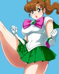  :o back_bow bishoujo_senshi_sailor_moon blue_background bow brown_hair clenched_hands elbow_gloves gloves green_eyes green_sailor_collar green_skirt kicking kino_makoto leg_lift magical_girl matoyama panties pantyshot pink_bow pleated_skirt pointy_ears ponytail sailor_collar sailor_jupiter sailor_senshi_uniform skirt solo underwear upskirt white_gloves white_panties 