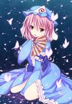  bug butterfly cherry_blossoms codemofel fan folding_fan ghost hat highres insect japanese_clothes petals pink_eyes pink_hair saigyouji_yuyuko solo touhou 