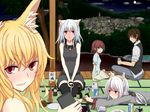  animal_ears blonde_hair blue_eyes blush brown_hair catgirl city dress drink foxgirl gray_hair group hoshino_yuu long_hair moon night original red_eyes ribbons sake short_hair skirt sky thighhighs 