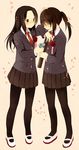  blazer blush brown_eyes brown_hair comforting commentary_request flower graduation hachiko_(hati12) handkerchief jacket long_hair multiple_girls necktie original pantyhose petals petting pleated_skirt ponytail red_flower red_rose rose school_uniform shoes skirt smile tears uwabaki yuri 