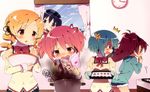  3: 5girls :&lt; akemi_homura anger_vein bad_food baking black_hair blonde_hair blue_eyes blue_hair book casual chocolate cooking denim denim_shorts drill_hair hair_ornament hair_ribbon hairband heart jacket kaname_madoka kimoko mahou_shoujo_madoka_magica miki_sayaka mitakihara_school_uniform multiple_girls open_mouth pink_eyes pink_hair purple_eyes red_eyes red_hair ribbon sakura_kyouko school_uniform short_hair short_twintails shorts stalking staring tears tomoe_mami twin_drills twintails window yellow_eyes 