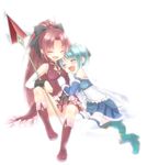  ^_^ bad_id bad_pixiv_id bloom blue_hair boots bow cape closed_eyes elbow_gloves fang gloves hair_bow hair_ribbon hand_on_another's_head hand_on_head happy highres koruri long_hair magical_girl mahou_shoujo_madoka_magica miki_sayaka multiple_girls open_mouth polearm red_hair ribbon sakura_kyouko short_hair sitting skirt smile spear thighhighs weapon 
