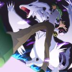  baseball_cap blurry depth_of_field dutch_angle from_below gen_5_pokemon green_hair hat highres jewelry male_focus n_(pokemon) perspective poke_ball pokemon pokemon_(creature) pokemon_(game) pokemon_bw reshiram serohan 