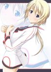  blonde_hair blue_eyes blush charlotte_dunois eviryun highres infinite_stratos long_hair ponytail school_uniform solo 