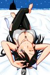  adolfine_galland animal_ears barefoot bed black_hair black_legwear blue_eyes breasts cat_ears cat_tail cinderella_castle cleavage disneyland dutch_angle large_breasts long_hair lying one_eye_closed seki_(hyokosho) shadow solo tail telescope upside-down world_witches_series 