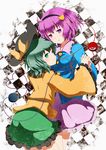  bad_id bad_pixiv_id checkered checkered_background green_eyes green_hair hairband hat heart heart_of_string highres holding_hands interlocked_fingers komeiji_koishi komeiji_satori multiple_girls namine0079 pink_skirt purple_eyes purple_hair short_hair siblings sisters skirt smile third_eye touhou 