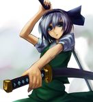  bad_id bad_pixiv_id black_hairband blue_eyes din_(flypaper) dual_wielding hairband highres holding katana konpaku_youmu scabbard sheath sheathed short_hair silver_hair solo sword touhou upper_body weapon 