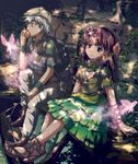  1girl brown_eyes brown_hair dappled_sunlight eating fairy flower hair_flower hair_ornament hat highres knj original pants sandals shade silver_hair sitting skirt smile sunlight tree_shade 