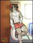  blurry eyewear glasses green_eyes harts hat kihu male mammal mustelid otter pose solo topless underwear 