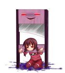  aosora_(mizore) bad_id bad_pixiv_id braid guillotine kneeling madotsuki pillory pink_shirt red_eyes restrained shirt smile solo stationary_restraints twin_braids twintails yume_nikki 