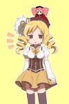  beret blonde_hair charlotte_(madoka_magica) corset detached_sleeves hair_ornament hat mahou_shoujo_madoka_magica paplikaling striped striped_legwear thighhighs tomoe_mami vertical-striped_legwear vertical_stripes yellow_eyes 