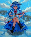  acrylic_paint_(medium) ama-tou blue_hair boots bow bowtie crossed_legs food fruit hat highres hinanawi_tenshi keystone long_hair looking_at_viewer peach red_eyes sitting solo sword sword_of_hisou touhou traditional_media weapon 