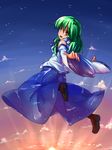  absurdres bare_shoulders breasts brown_eyes chartea cloud detached_sleeves frog green_hair hair_ornament highres jumping kochiya_sanae long_hair looking_back medium_breasts open_mouth sky smile snake solo touhou 