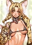  animal animal_ears animal_print bad_id bad_pixiv_id bikini braid breasts brown_eyes brown_hair collar detached_sleeves fang large_breasts leopard leopard_print long_hair micro_bikini original smile solo swimsuit twin_braids upper_body yumeji_kiriko 