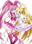  blonde_hair blue_eyes bow choker cure_melody cure_rhythm dress green_eyes hair_ribbon houjou_hibiki magical_girl minamino_kanade multiple_girls nakahira_guy pink_bow pink_choker pink_hair pink_legwear precure ribbon skirt suite_precure thighhighs twintails white_choker 