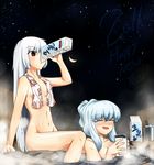  2girls bad_id bad_pixiv_id blue_hair breasts drinking eien_no_sai_tori fujiwara_no_mokou glass hat kamishirasawa_keine long_hair milk milk_carton multiple_girls navel new_year nude onsen partially_submerged red_eyes silver_hair sitting small_breasts soaking_feet touhou towel water 