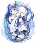  aqua_eyes aqua_hair detached_sleeves hatsune_miku headphones headset long_hair mittens necktie open_mouth sakuragi_kei scarf skirt snowflakes solo thighhighs twintails very_long_hair vocaloid white_scarf yuki_miku 