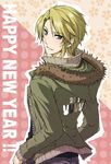  2011 blonde_hair blue_eyes blush bunny chinese_zodiac coat earrings hood hood_down jewelry male_focus new_year original pointy_ears smile solo teru_suzu winter_clothes winter_coat year_of_the_rabbit 