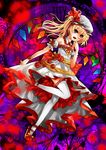  alternate_costume arm_ribbon bare_shoulders blonde_hair dress fang flandre_scarlet flower hat open_mouth red_eyes red_flower red_rose ribbon rose short_hair side_ponytail smile solo thighhighs touhou vetina white_dress white_legwear wings zettai_ryouiki 