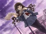  bangs blazer blunt_bangs brown_eyes brown_hair cloud dutch_angle itoshiki_rin jacket kazu long_hair pantyhose power_lines sayonara_zetsubou_sensei scarf school_uniform serafuku skirt sky solo 