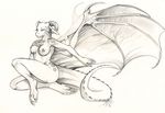  anthro black_and_white breasts dragon female greyscale horn horns monochrome necrodrone_(character) nipples nude plain_background pussy scalie solo white_background wings 