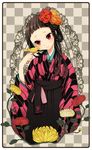  bird black_hakama checkered checkered_background flower hair_flower hair_ornament hakama japanese_clothes kimono meiji_schoolgirl_uniform musco original solo yagasuri 