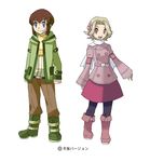  1girl alternate_costume blue_eyes boots brown_hair child coat commentary_request elite_four flower hair_flower hair_ornament kikuko_(pokemon) mizuno_(gcdmw) ookido_yukinari open_mouth pantyhose pokemon pokemon_(game) purple_hair scarf short_hair smile standing sugimori_ken_(style) translated younger 