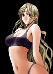  1girl bare_arms bare_shoulders belly black black_background black_cat black_cat_(series) blonde_hair breasts cleavage crimson_comics erect_nipples green_eyes large_breasts long_hair looking_at_viewer midriff navel panties sephiria_arks simple_background solo standing tank_top tattoo underwear 