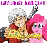  crossover dante devil_may_cry equine female feral food friendship_is_magic fur hair horse human male mammal my_little_pony party_time pink_fur pink_hair pinkie_pie_(mlp) pizza plain_background pony red_eyes sword unknown_artist weapon white_background white_hair 