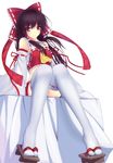  ascot bow brown_hair detached_sleeves geta hair_bow hakurei_reimu highres long_hair parody red_eyes sarashi scarlethy solo style_parody thighhighs touhou white_legwear 